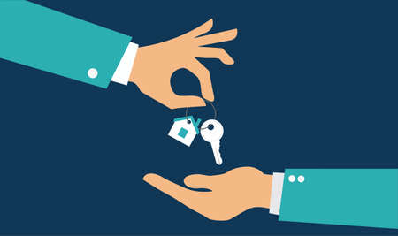Vector real estate concept in flat style - hands giving keys - sell houseのイラスト素材