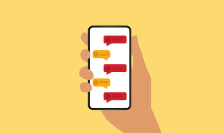 Hand holding Smartphone with text bubbles on the screen.のイラスト素材