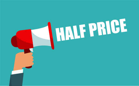 Half Price label. Speech bubbles with megaphone icon. Advertising sticker.のイラスト素材