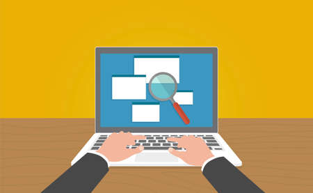 Online analyzing check of law legal docs, find or search on laptop with hands.のイラスト素材