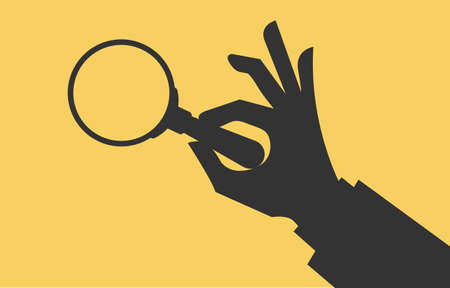Hand holds Magnifying glass in search of something. Isolated on yellow. Stock vectorのイラスト素材