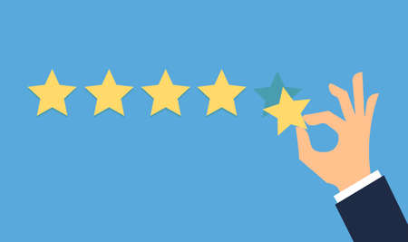 Hand putting five gold stars on blue background. Five stars quality rating icon.のイラスト素材