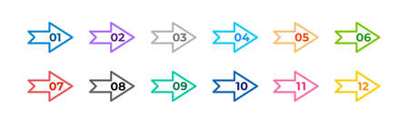 Colourful arrows set isolated on white background. Bullet points numbers from one to twelve.