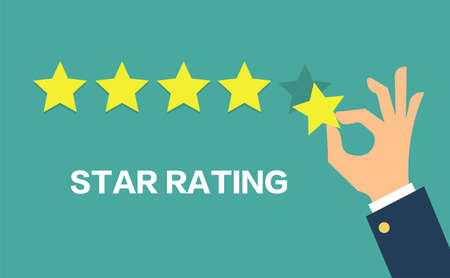 Hand pressing five gold stars on green background. Five stars quality rating icon.