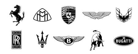 Vinnytsia, Ukraine - November 22, 2021: Set of black logo of premium class cars companies. Ferrari,...