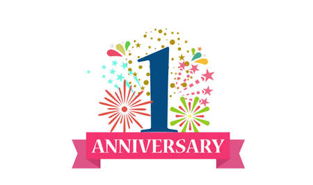 1 st year anniversary banner with open burst gift box. Template first birthday celebration and abstract text on white background illustrationのイラスト素材