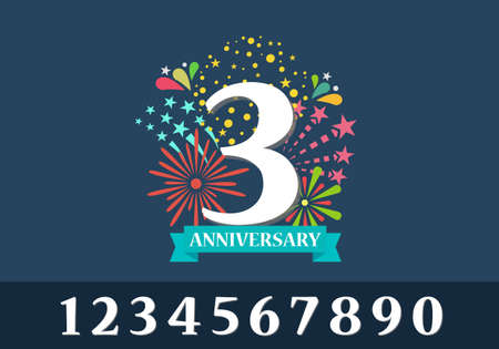 3 rd year anniversary banner with numbers. Template first birthday celebration and abstract text on blue background vector illustrationのイラスト素材