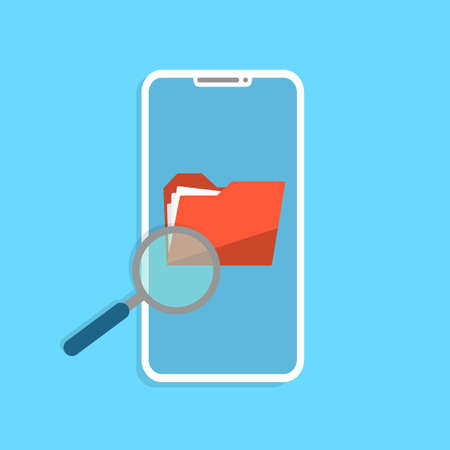 Phone with folder search and data synchronisation. Touchscreen device with magnifying glass.の写真素材