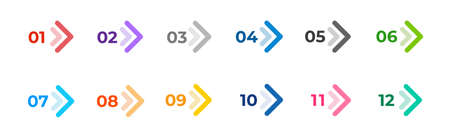 Colourful arrows set isolated on white. Direction number bullet points from one to twelve. Stock illustrationのイラスト素材