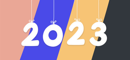 Happy New Year 2023 hanging typography on white.