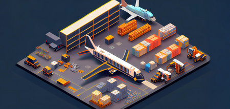 Isometric logistics network warehouse. Air cargo, trail transportation, maritime shipping, warehouse. Ai generative illustration.の素材