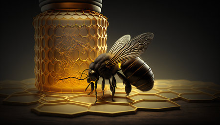 Close up of Bee with the jar full of honey. Vivid colours. Generative Ai illustrationの素材