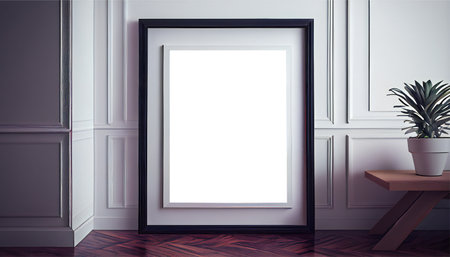 Vertical wooden frame mock up. Wooden frame poster on wooden floor with white wall. Ai generative 3D illustration.の素材