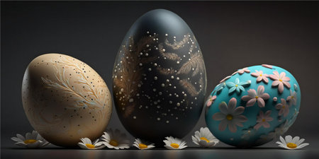 Realistic shining Easter eggs with ornaments. Ai generated illustrationの素材