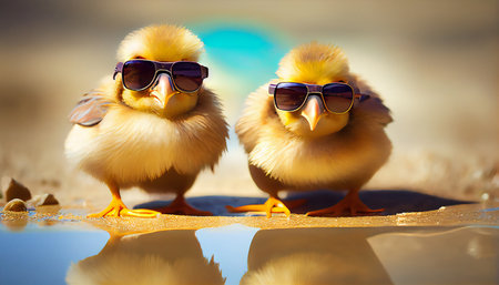 Two Staring Yellow Chicks Wearing Sunglasses. Ai generative illustration.の素材