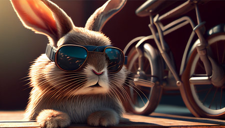 Cool bunny with sunglasses on colorful background. Generative Ai illustrationの素材
