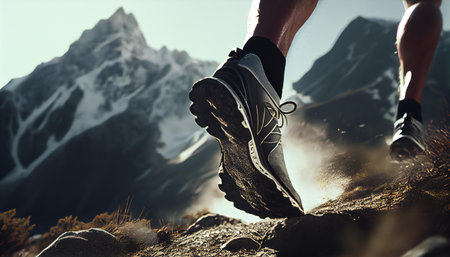 Hiking in the mountains. Male legs with sports shoes running on a trail, close up. Generative AI illustrationの素材