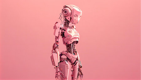 3D rendering of beautiful female robot on pink background. Ai generative illustration.の素材