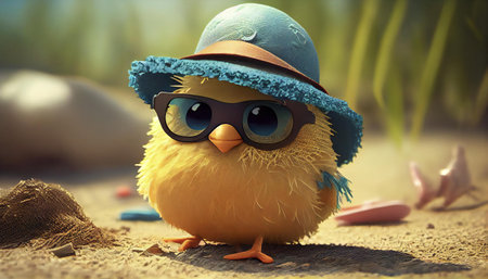 Sweet and funny baby chick wearing fashion sunglasses. Generative Ai illustrationの素材