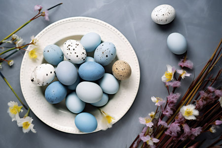 white plate, colored easter eggs. dark background, white dish, a lot of eggs on itの素材