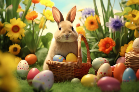 Easter bunny rabbit with basket full of colorful eggs. Easter bunny sitting on the green grassの素材