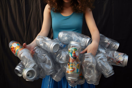 woman wearing red sweater holding bunch of empty bottles. holding empty bottles, garbage for recyclingの素材