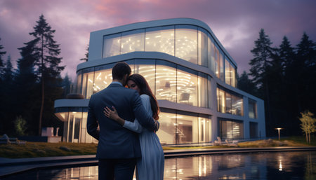 young couple standing and hugging together in front of their new modern houseの素材