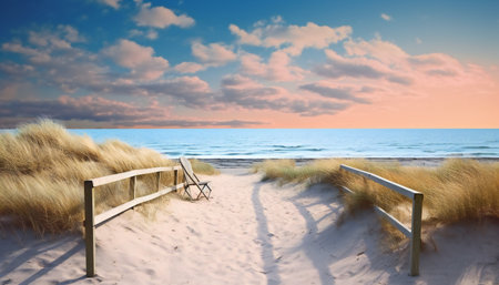 Beach with sand and dry grass. sunset of the beach. sea sand beach evening.の素材