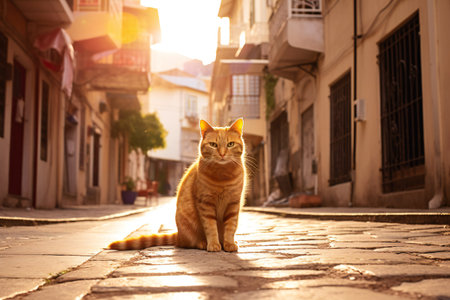 red Cat in the Golden Hour at village street. ginger cat in the old townの素材