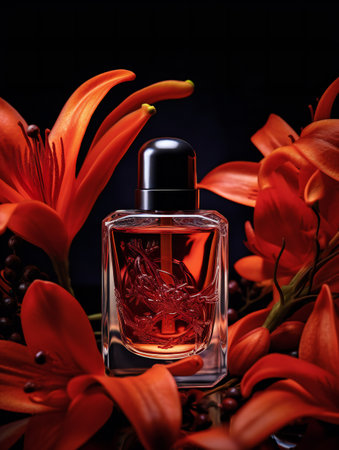 red perfume bottle surrounded by red flowers. Transparent bottle of perfume. Vertical orientationの素材