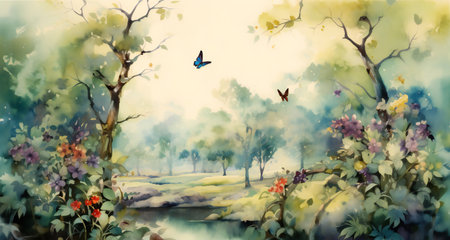 drawing wallpaper forest with birds. watercolor forestの素材
