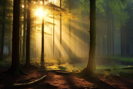 green forest trees against the background of sun rays. the sun shines brightly through the forestの素材
