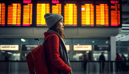 female traveler at the international airport. young Woman looks at the board with flight information.の素材