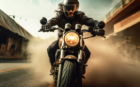 a man rides a motorcycle on the road. Biker on a fast motorcycle. motorcyclist on a motorcycleの素材