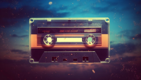 Retro audio cassette. Retro music casette with retro colors eighties styleの素材