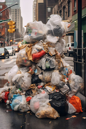 a pile of black plastic garbage. a garbage bag of waste a lot on the street. vertical orientationの素材