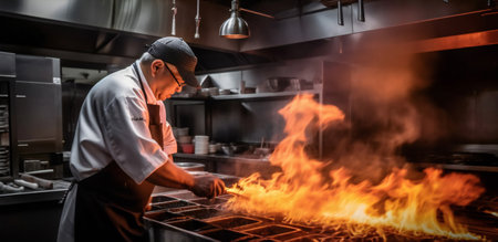 burning pan. Chef in the restaurant kitchen making flame on frying pan. Vertical orientationの素材