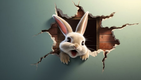 rabbit peeks out of a hole on a green background. for Easter ad with copy spaceの素材