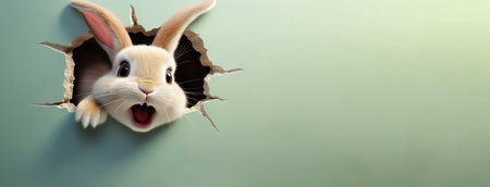 rabbit peeks out of a hole on a green background. for Easter ad with copy spaceの素材