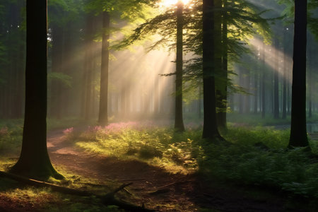 Sunrays in a forest on a hazy morning. Sun rays in woods. Sunbeam light Spring time.の素材