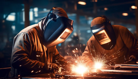 Two welders who perform arc welding at the factory. Labor day background.の素材