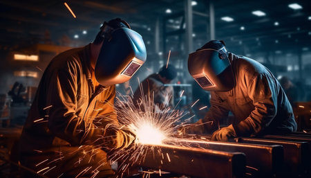 Two welders who perform arc welding at the factory. Labor day background.の素材