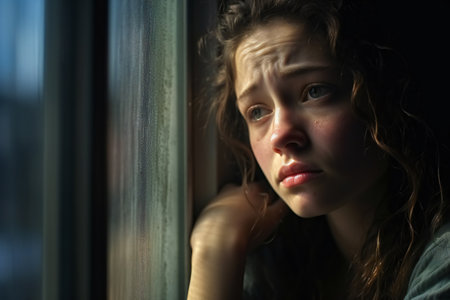 lonely girl looking at the rain falling through a window at home. copy spaceの素材
