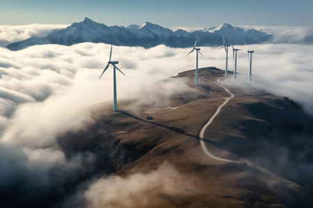 Wind on the rocky hill top. Alternative energy generation. blue cloudy sky. eco industryの素材