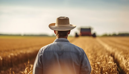 Farmer is standing backwards on his wheat field.の素材
