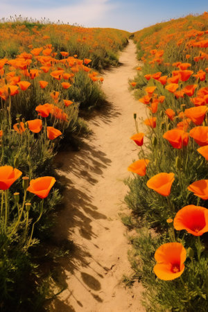 Superbloom of poppies and wildflowers in the Poppy Reserve. Trail on the hills. vertical orientationの素材