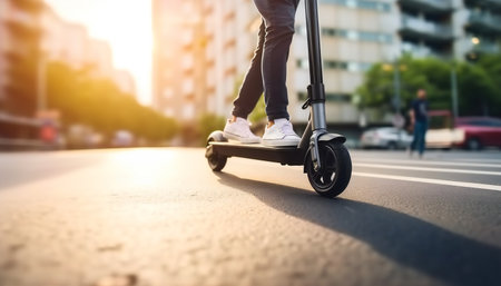 man riding a black electric scooter in the city. close upの素材