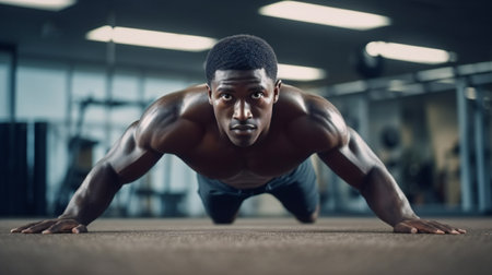 Muscular African American shirtless guy. sportsman doing push ups. black man training on floorの素材