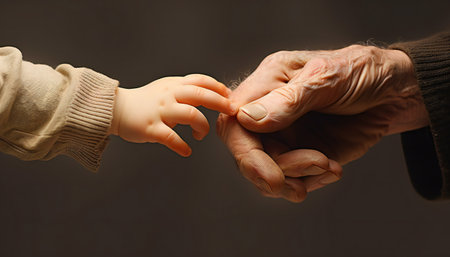 Foto per Hands of the old man and a child's hand on the brown background - Immagine Royalty Free