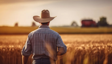 Farmer is standing backwards on his wheat field.の素材